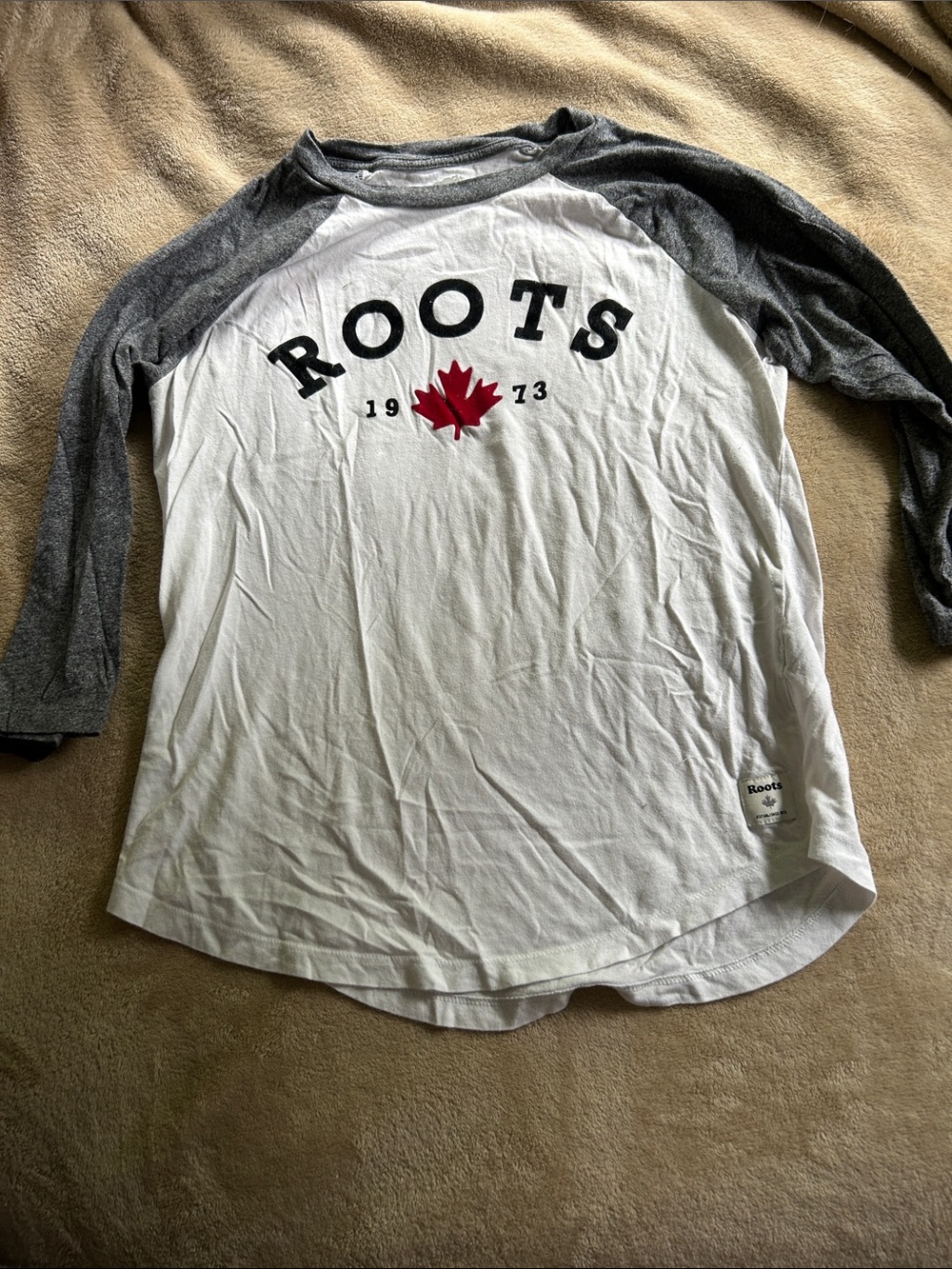 Roots White Baseball Raglan Tee with Charcoal Sleeves 3/4 length
